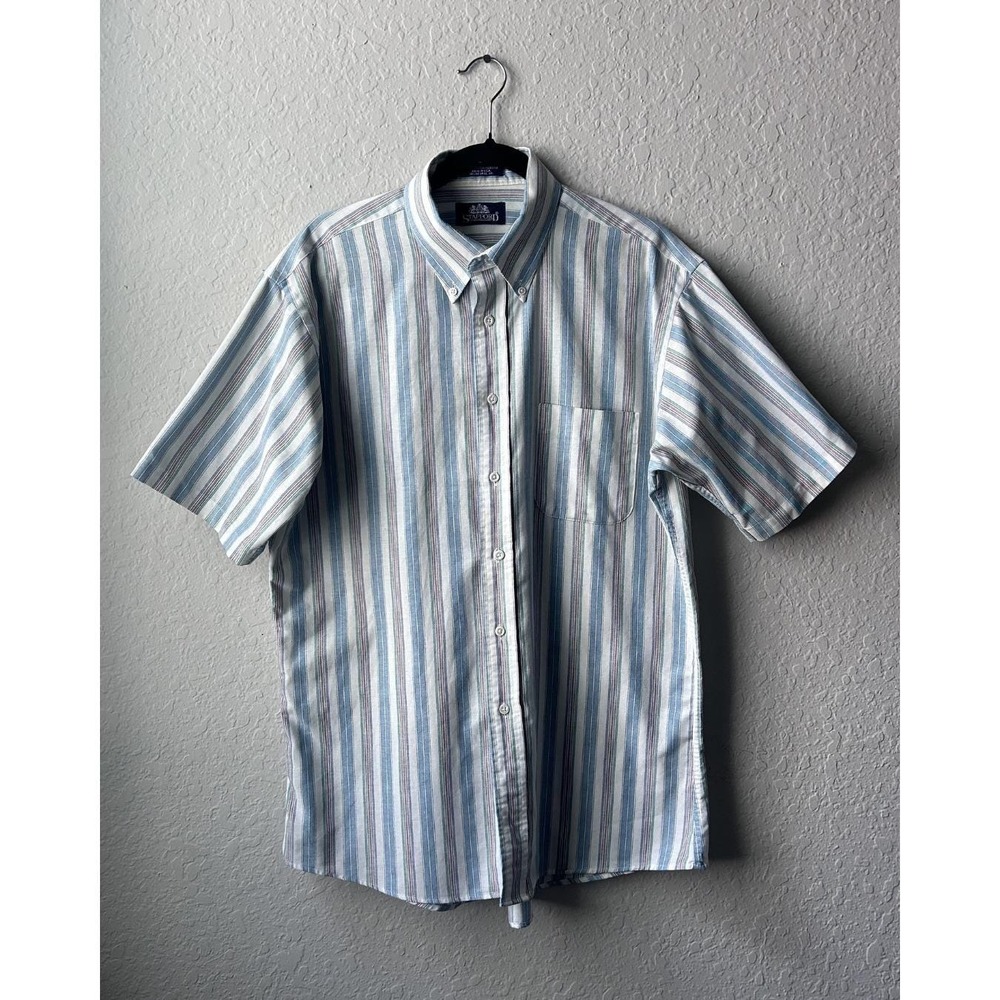 Vintage 90s Men's Made in USA Stafford Striped Short Sleeve Shirt (Size: Large))